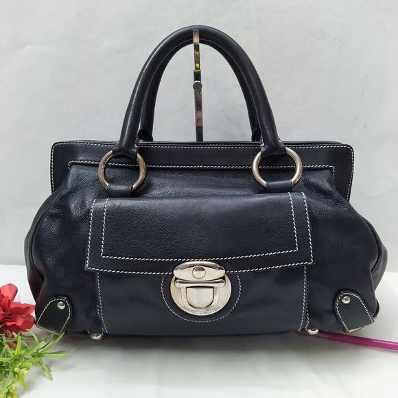 Marc Jacobs Black Leather Pushlock Pocket Double Handles Zipper Satchel Bag - Picture 1 of 16